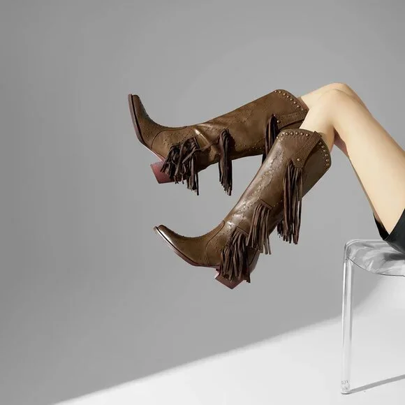 Women's Brown Fashion Pointed Toe Chunky Heel Rivet Pull-On Knee High Fringe - Picture 7 of 8